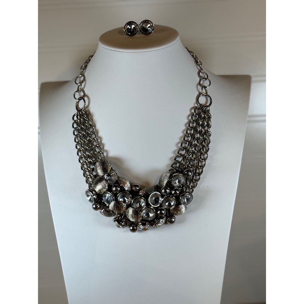 Statement Necklace & Earrings Set Silver Tone Rhinestone Chain Bib Jewelry‎